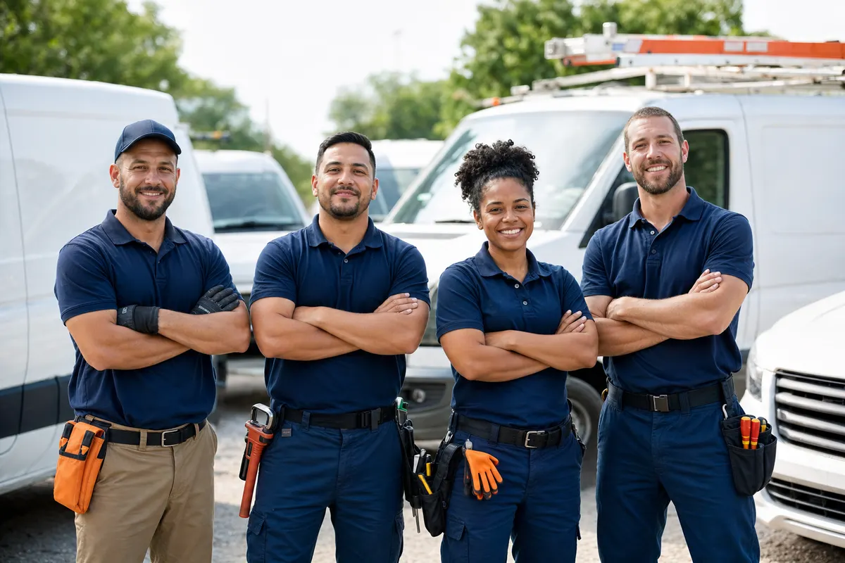 A team of tradespeople — HVAC, plumbing, electrical, and roofing pros — in front of their service vans