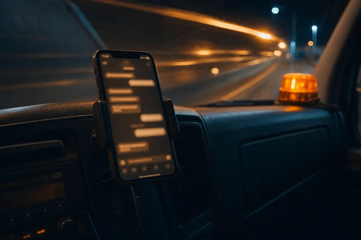 Phone on a truck dashboard glowing with an instant lead reply