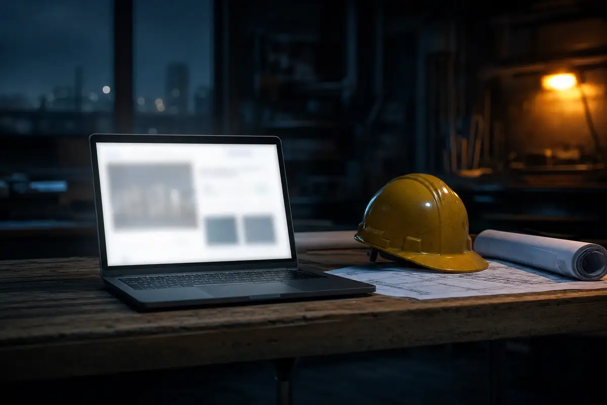 Laptop on a workbench glowing with a new contractor website design