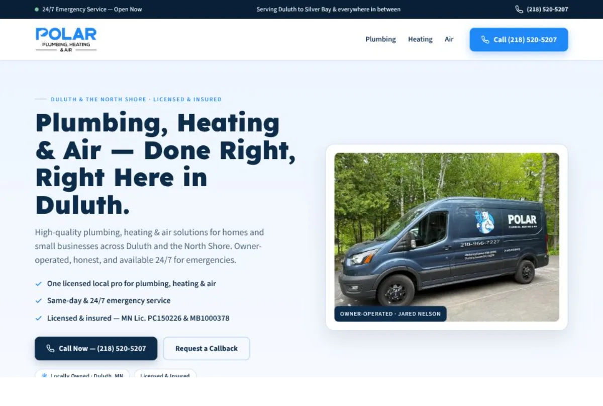 HVAC & Plumbing website we built — Polar Plumbing, Heating & Air (desktop)