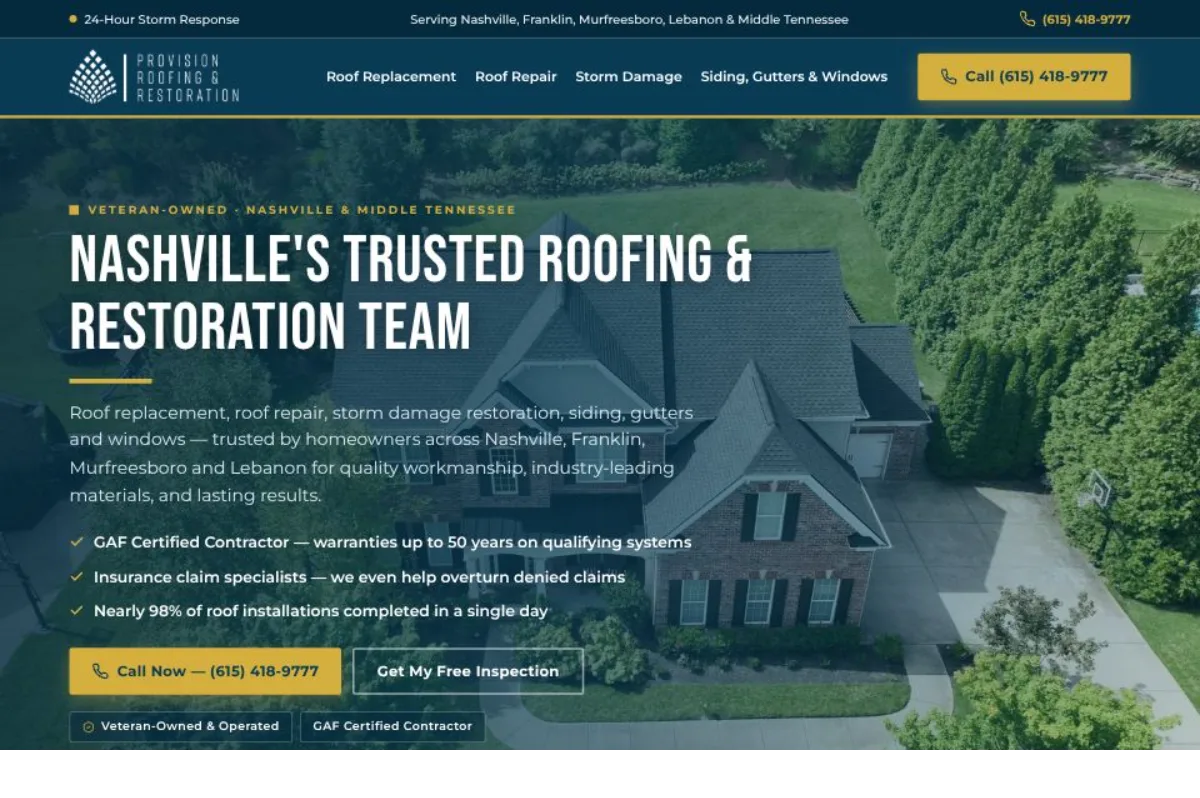 Roofing website we built — Provision Roofing & Restoration (desktop)