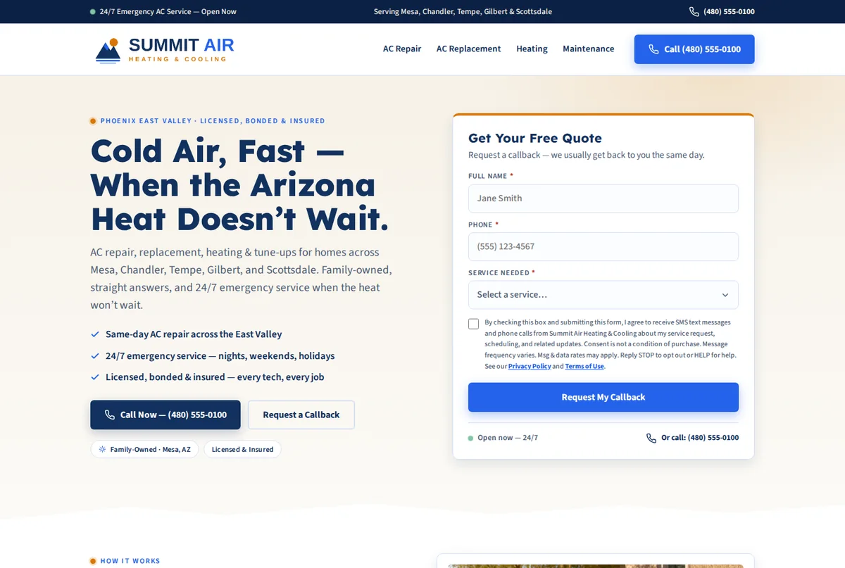 Summit Air Heating & Cooling website on desktop