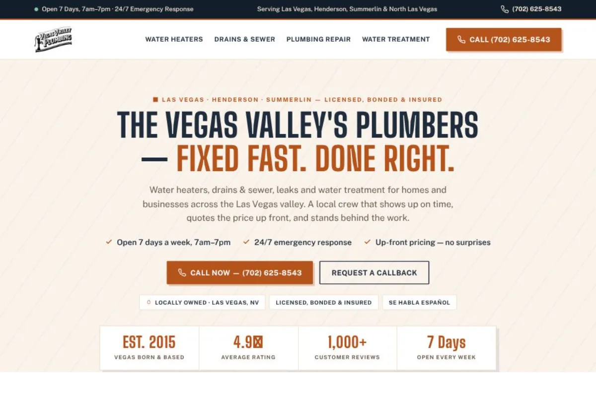 Plumbing website we built — Vegas Valley Plumbing (desktop)