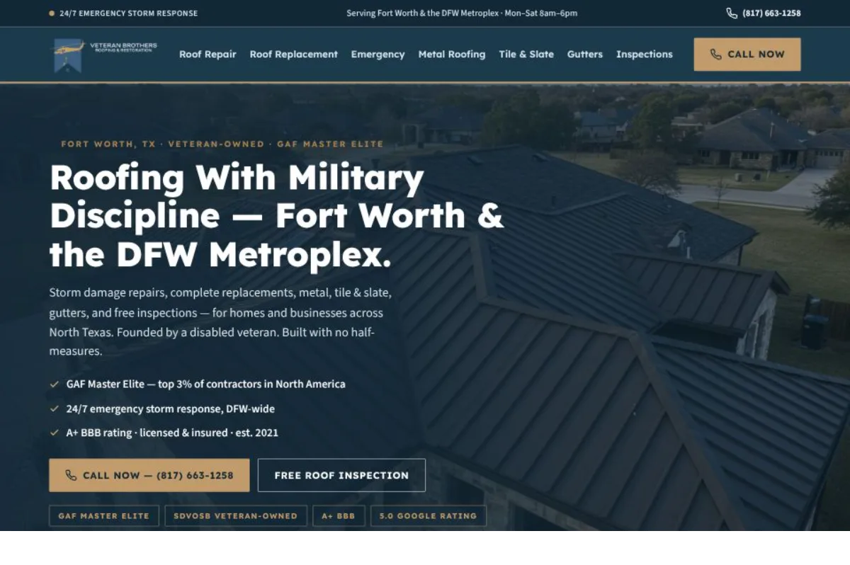 Roofing website we built — Veteran Brothers Roofing & Restoration (desktop)
